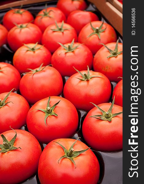 Ripe, red, organic tomatoes at the local farmers market. Ripe, red, organic tomatoes at the local farmers market