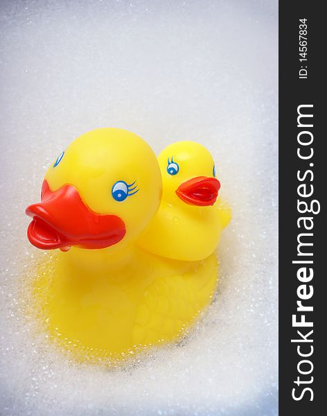A closeup shot of a rubber duck in the bubble bath. A closeup shot of a rubber duck in the bubble bath.