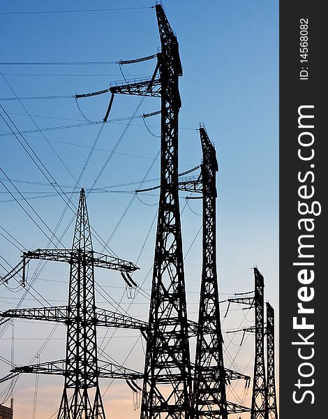 High-voltage electric lines from power plant. High-voltage electric lines from power plant