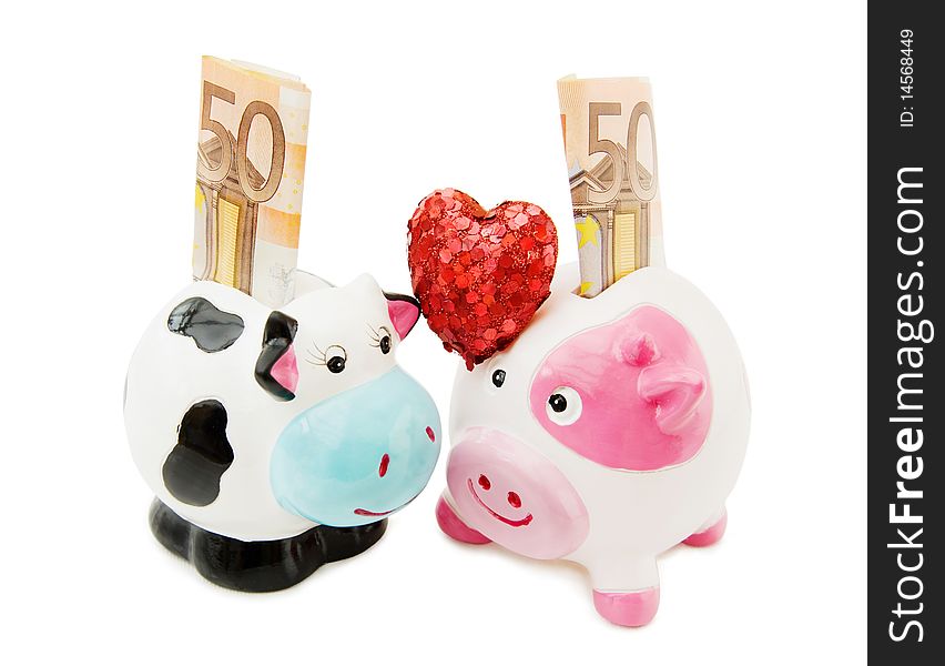 Fight the economic crisis and start saving money. With Piggy and Cowie money banks. Isolated over white background. Fight the economic crisis and start saving money. With Piggy and Cowie money banks. Isolated over white background.