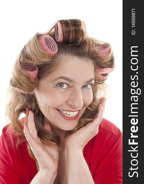 Woman with hair rollers