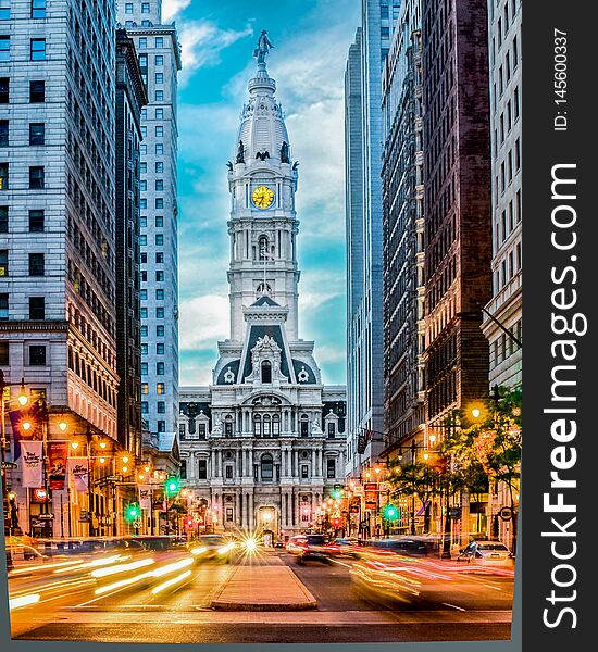 Philadelphia independence hall view from broad street in the evening light. Philadelphia independence hall view from broad street in the evening light