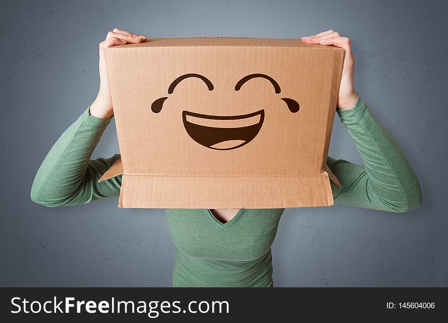 Funny Woman Smiling With Cardboard Box Head