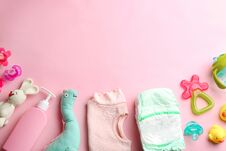 Flat Lay Composition With Baby Accessories On Color Background Royalty Free Stock Photography
