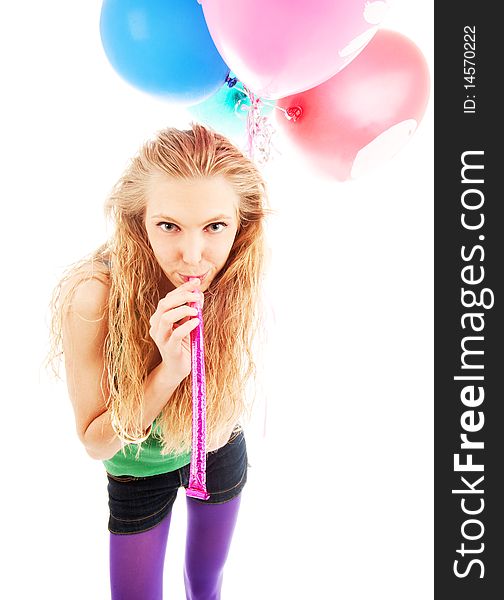 Girl with balloons isolated on white