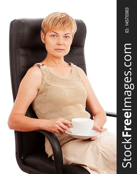 Woman with cup of coffee/tea isolated on white