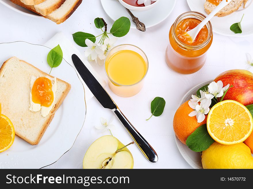 Food for breakfast on a white background