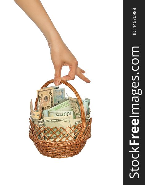 Woman holding a basket with money for buying some goods. Woman holding a basket with money for buying some goods