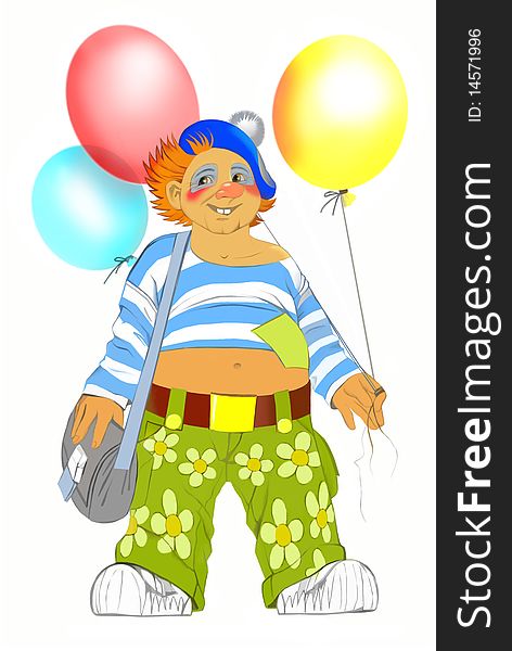Red-haired clown in striped vest and with three balloons, on white background