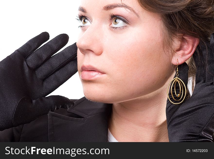 Brunet woman in black gloves