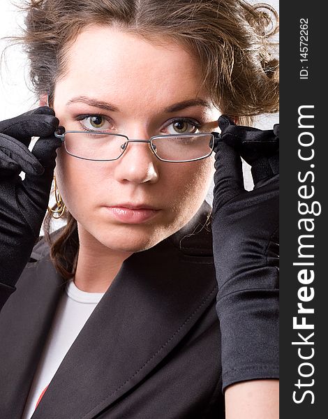 Young brunet woman with glasses . Isolated. Young brunet woman with glasses . Isolated