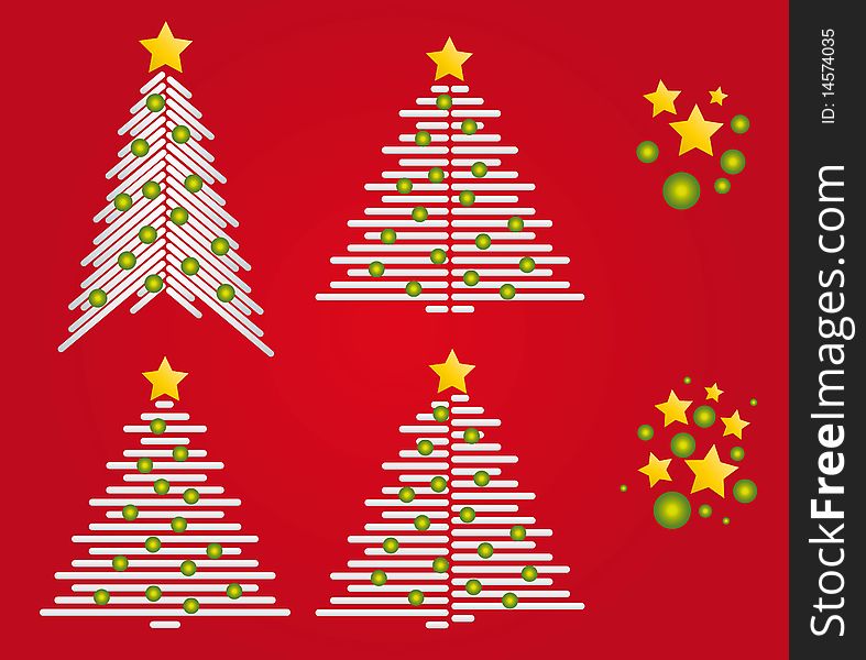 Four decorated Christmas tree symbols on red background. Four decorated Christmas tree symbols on red background