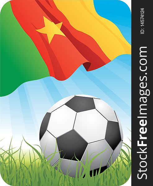 2010 Soccer championship theme with a classic ball on the grass and Cameroonian flag. 2010 Soccer championship theme with a classic ball on the grass and Cameroonian flag