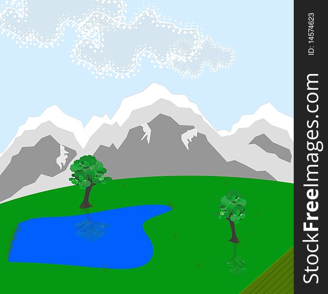 Illustration of nice landscape with trees lake and field. Illustration of nice landscape with trees lake and field