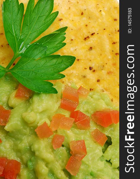 Close up of guacamole and corn chip