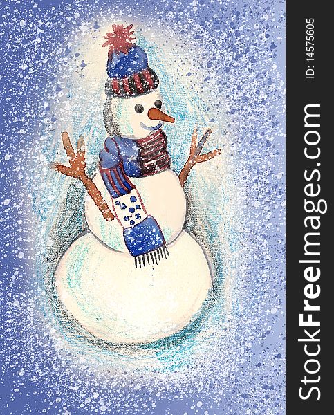 It's a watercolor painting with digital elements of snow man in blue scarf