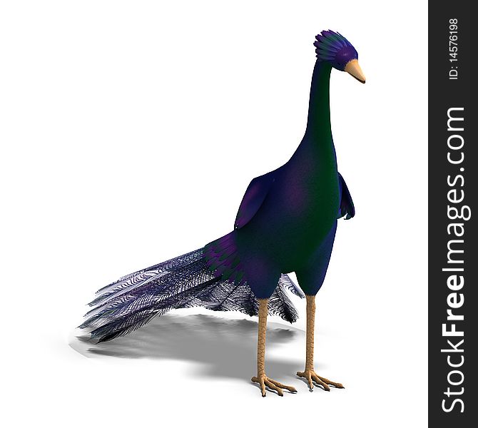 Blue fantasy bird with beautiful feathers. 3D rendering with clipping path and shadow over white