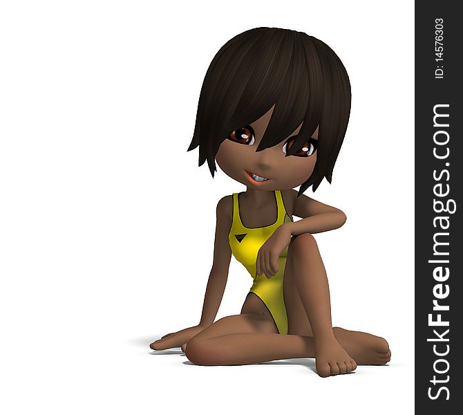 Beautiful cartoon girl in a onepiece swimsuit. 3D rendering with clipping path and shadow over white