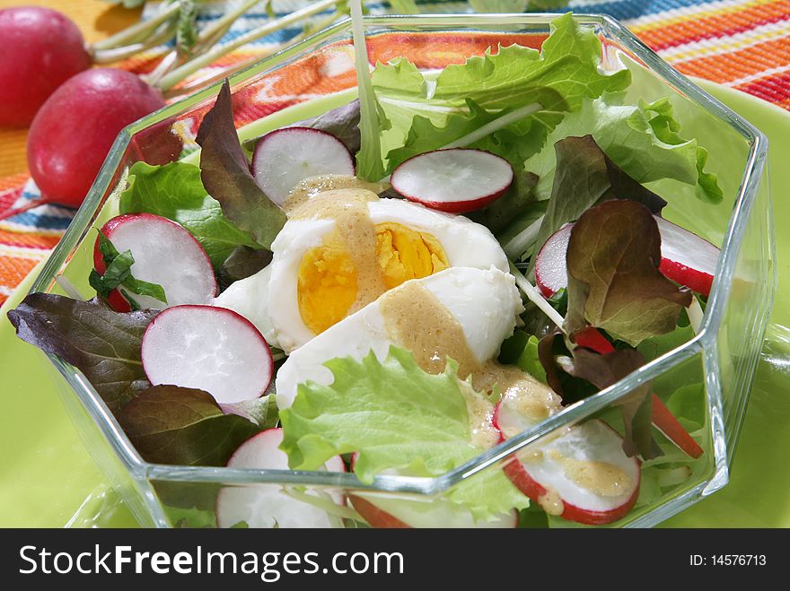 Fresh summer salad with egg and radish