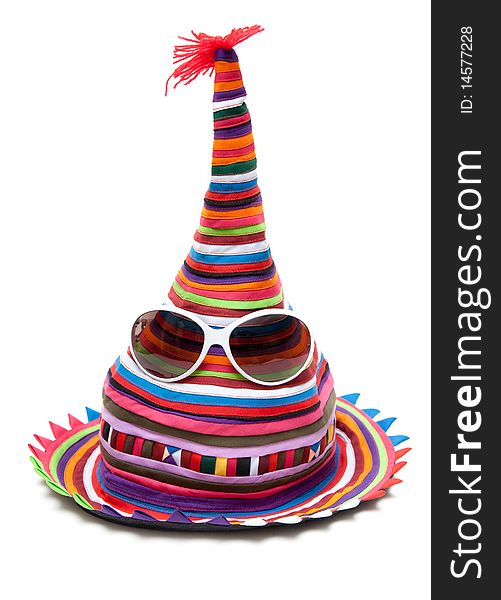 Striped colour hat with sunglasseses on white background