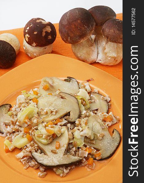 Spelled vegetable cuisine with mushrooms. Spelled vegetable cuisine with mushrooms