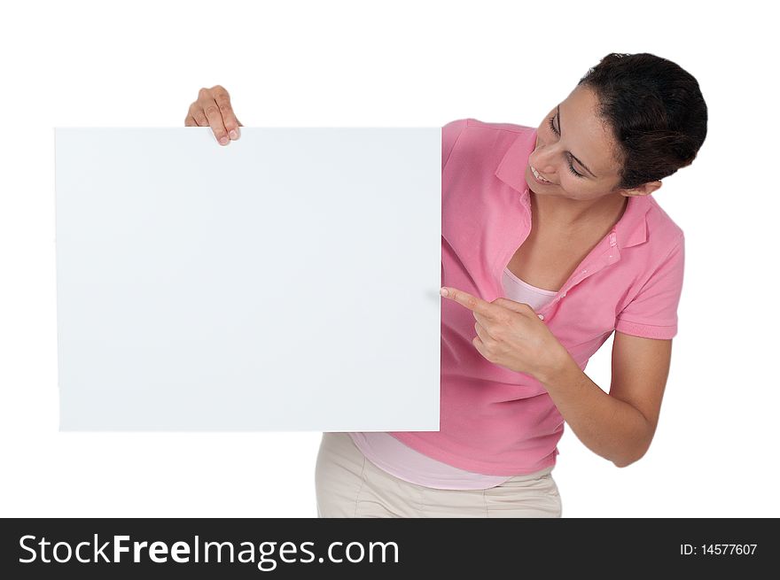 Portrait of happy woman pointing to blank white sign. Portrait of happy woman pointing to blank white sign