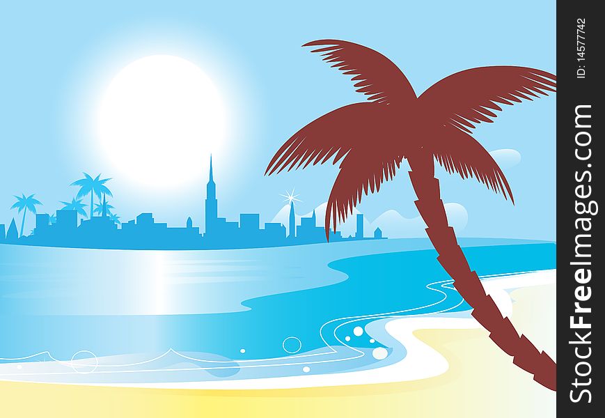 Vector illustration - tropical landscape island with sea, beach and palm trees. Vector illustration - tropical landscape island with sea, beach and palm trees.