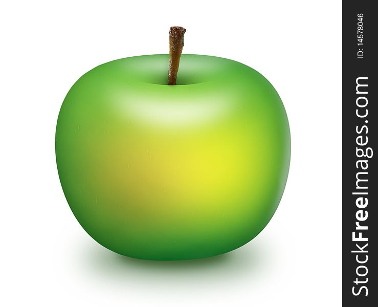 Green apple on a white background with a shadow. Computer graphics, illustration