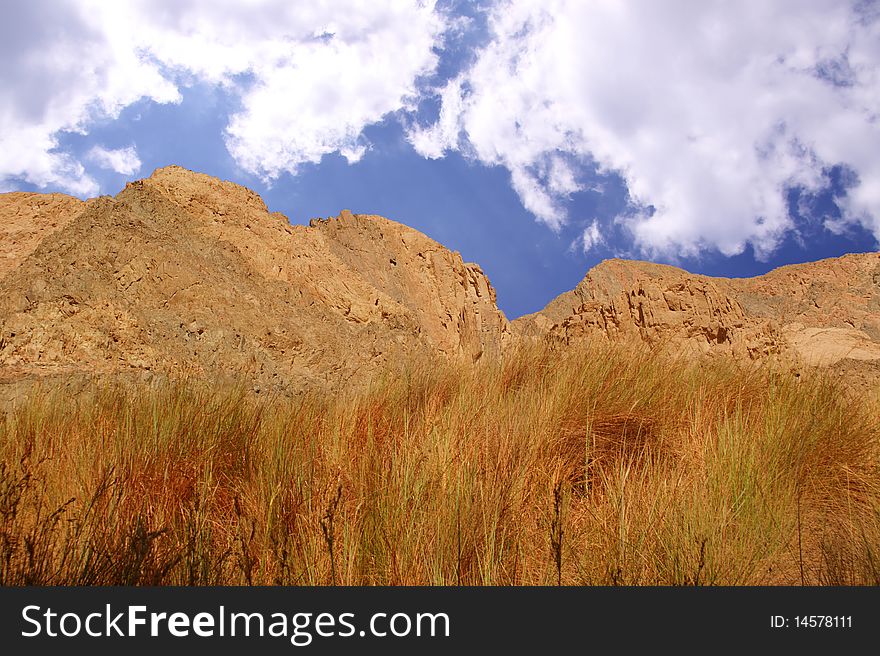 Landscape with mountains, a grass, the blue sky with clouds