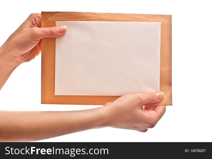 Two envelopes in woman's hands. Isolated on white background