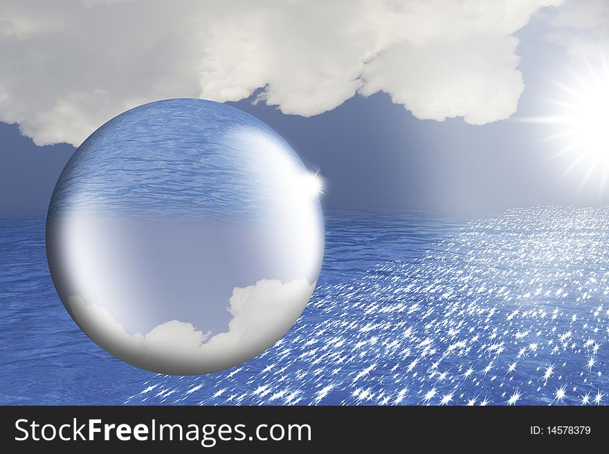 This image shows a sea of clouds and sun, and its replica in a drop of water. This image shows a sea of clouds and sun, and its replica in a drop of water