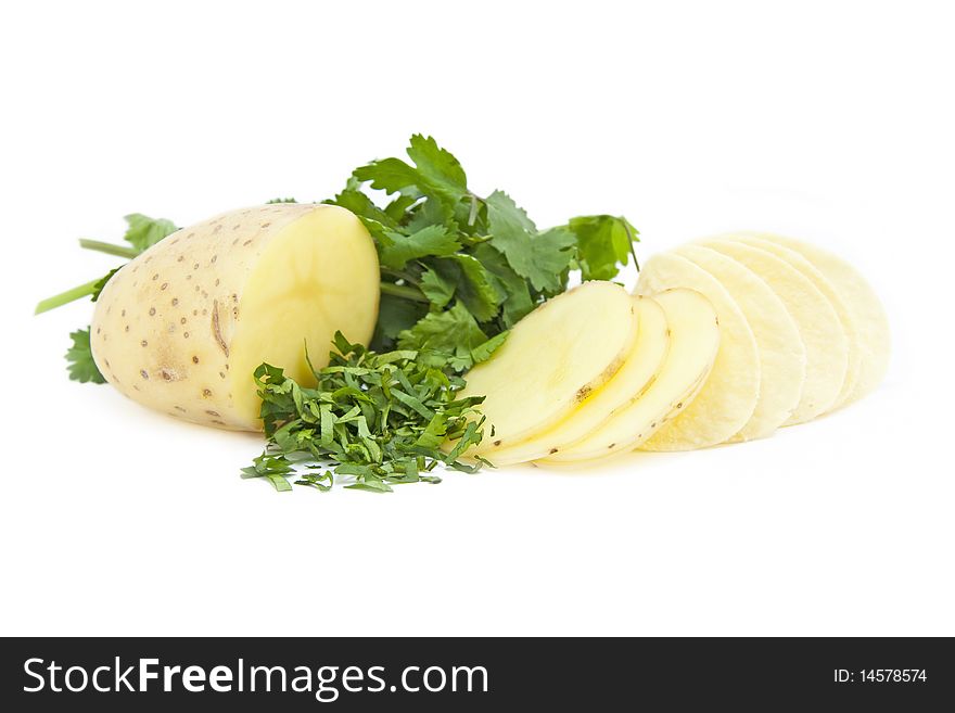 Sliced Potatoes and chips / crisps isolated on a white background. Sliced Potatoes and chips / crisps isolated on a white background