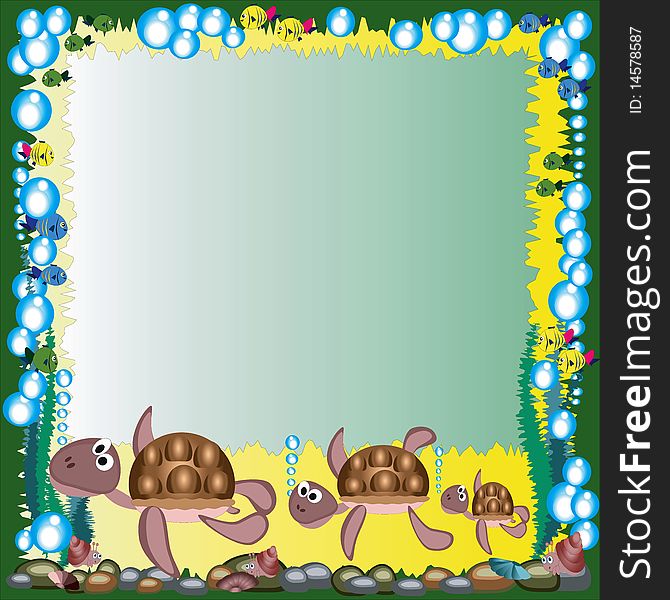 Marene frame with family of the turtles green background. Marene frame with family of the turtles green background.