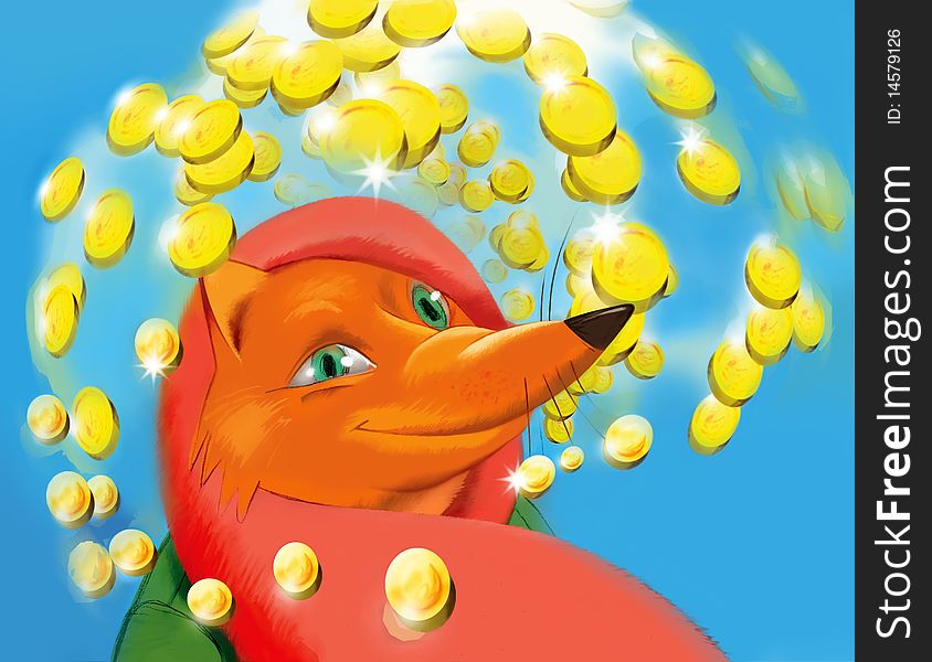 Roguish fox dreams about quick money, coloured picture. Roguish fox dreams about quick money, coloured picture