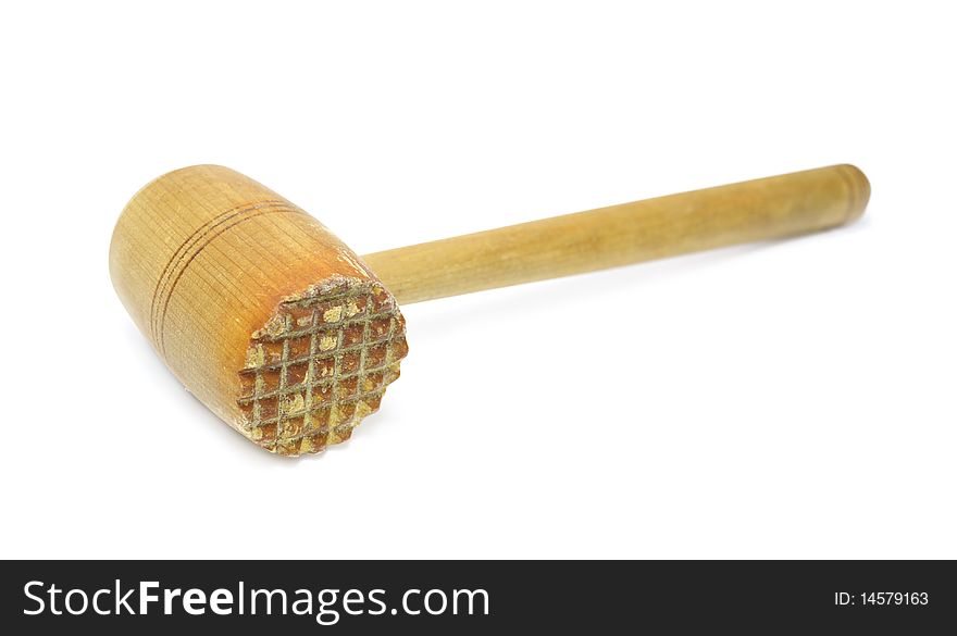 Used wooden meat hammer isolated on white