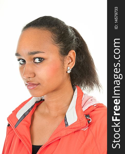 Portrait of a dark-skinned girl in a red sports clothes. Portrait of a dark-skinned girl in a red sports clothes