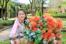 Cute Little Asian Girl Riding On Bicycle With Basket Of Flower At The Garden Royalty Free Stock Image
