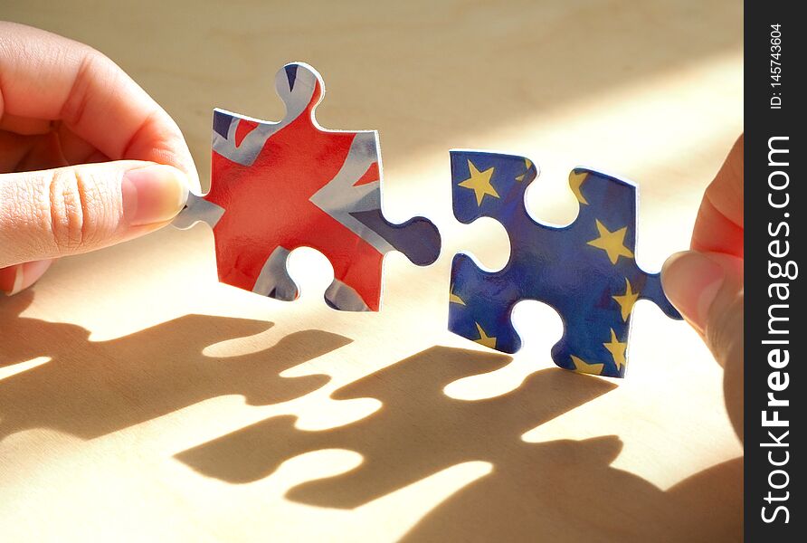 Puzzle with Great Britain and European Union flags. Brexit concept
