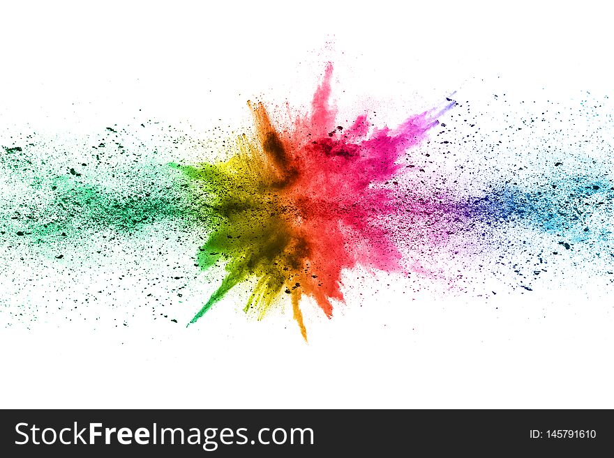 Abstract powder splatted background. Colorful powder explosion on white background. Colored cloud. Colorful dust explode. Paint Holi.