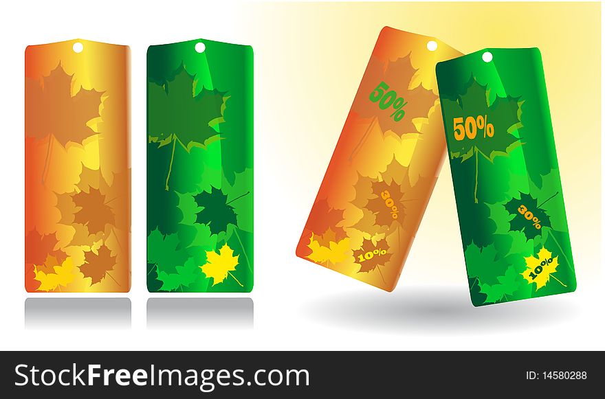 The colour creative image of advertising cut-aways in the form of cards with the drawn leaves of the Canadian maple and the image of figures with sign percent for discounts and use as labels