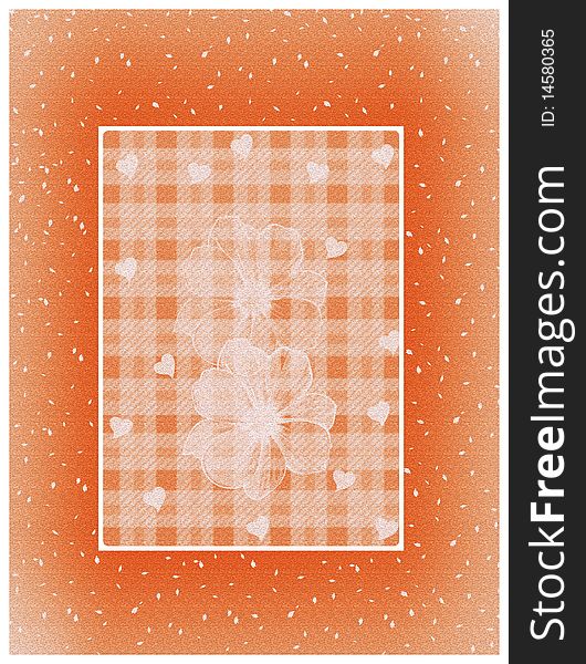 A beautiful orange  invitation card with  flowers and hearts  background