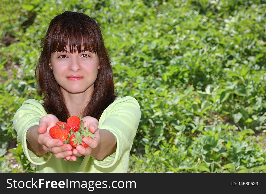 A beautiful woman offering fresh strawberries in a field holding her hands out. A beautiful woman offering fresh strawberries in a field holding her hands out