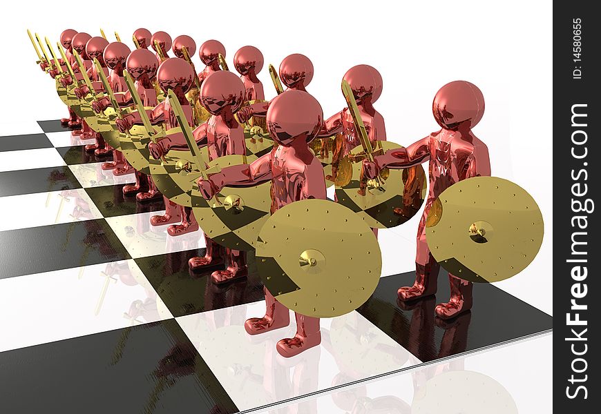 Red soldiers with swords on the chess-board. Red soldiers with swords on the chess-board.