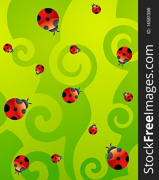 Red ladybirds on a green background