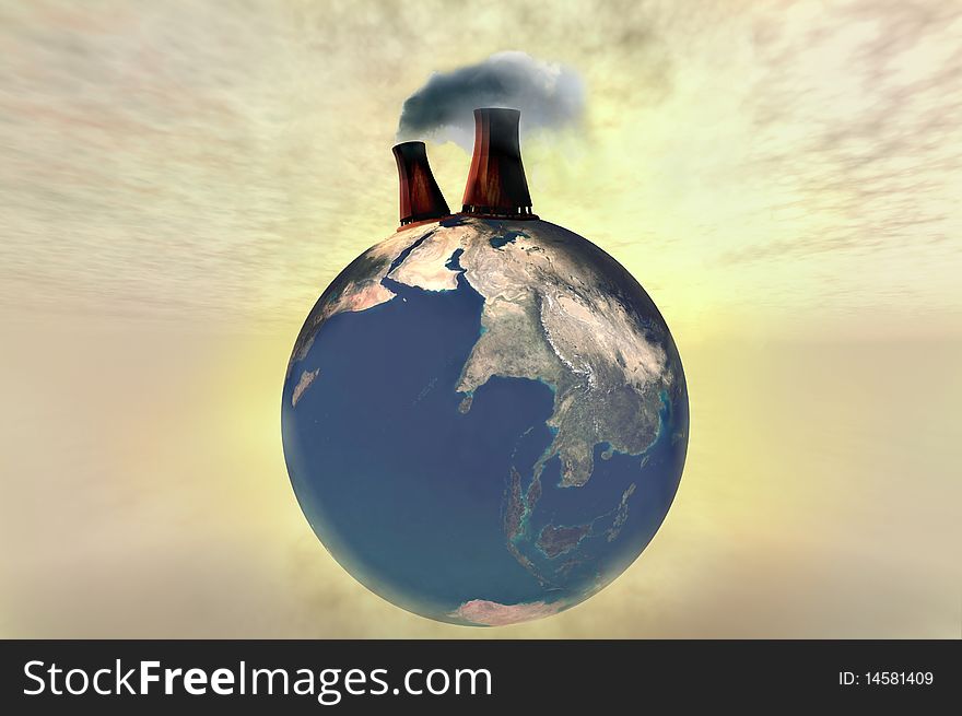 Polluted Planet earth globe illustration 3d render with cooling towers