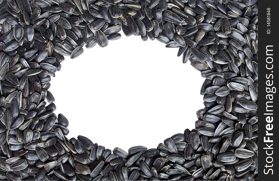 Oval frame made of sunflower seeds. Isolated over white background