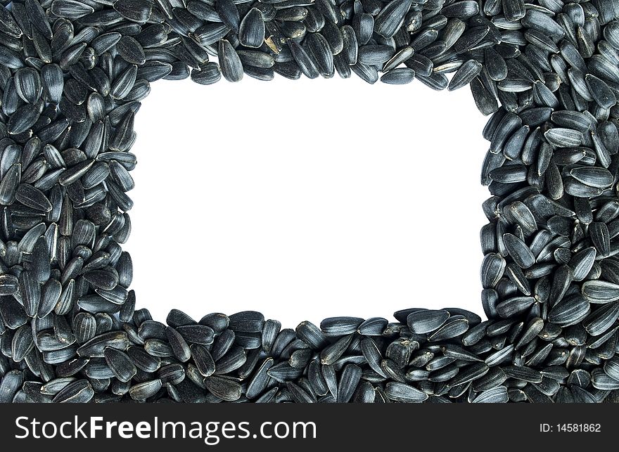 Square frame made of sunflower seeds. Isolated over white background