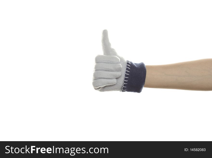 Womans hand thumbs Up. Hand in the blue warm mitten. Isolated on white background