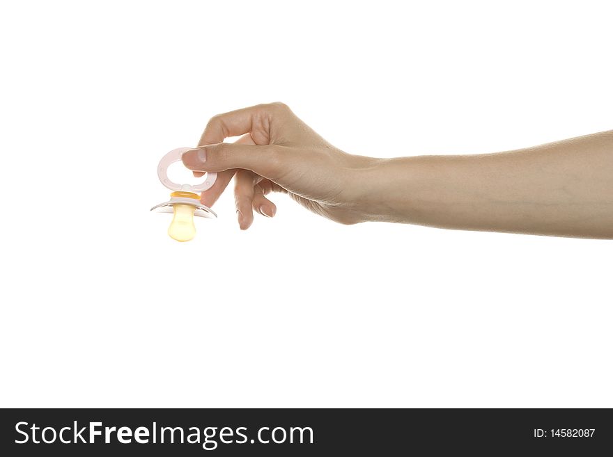 Pink Dummy in hand girl. Isolated on white background