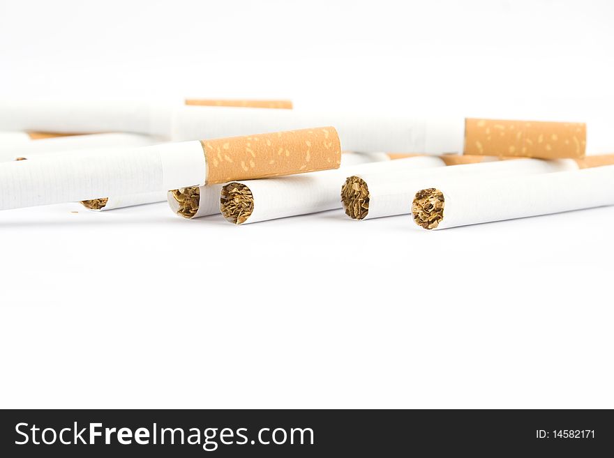 Filter cigarettes scattered on a white ground